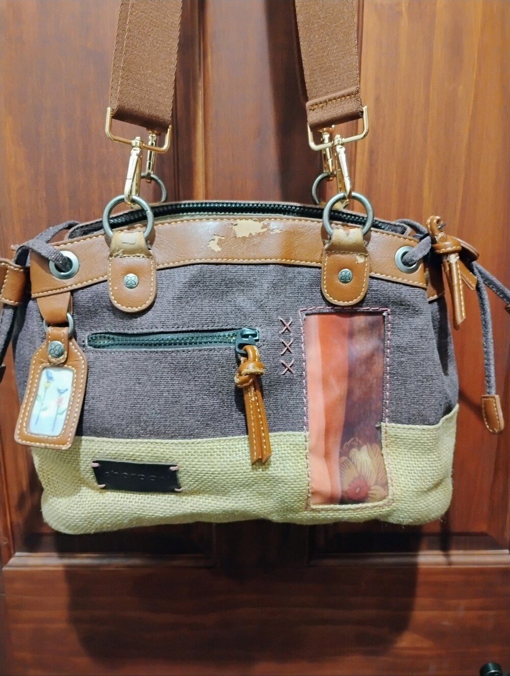Sherpani "Laurel" Brown & Tan With Red-Pink Graphic Canvas Crossbody Bag